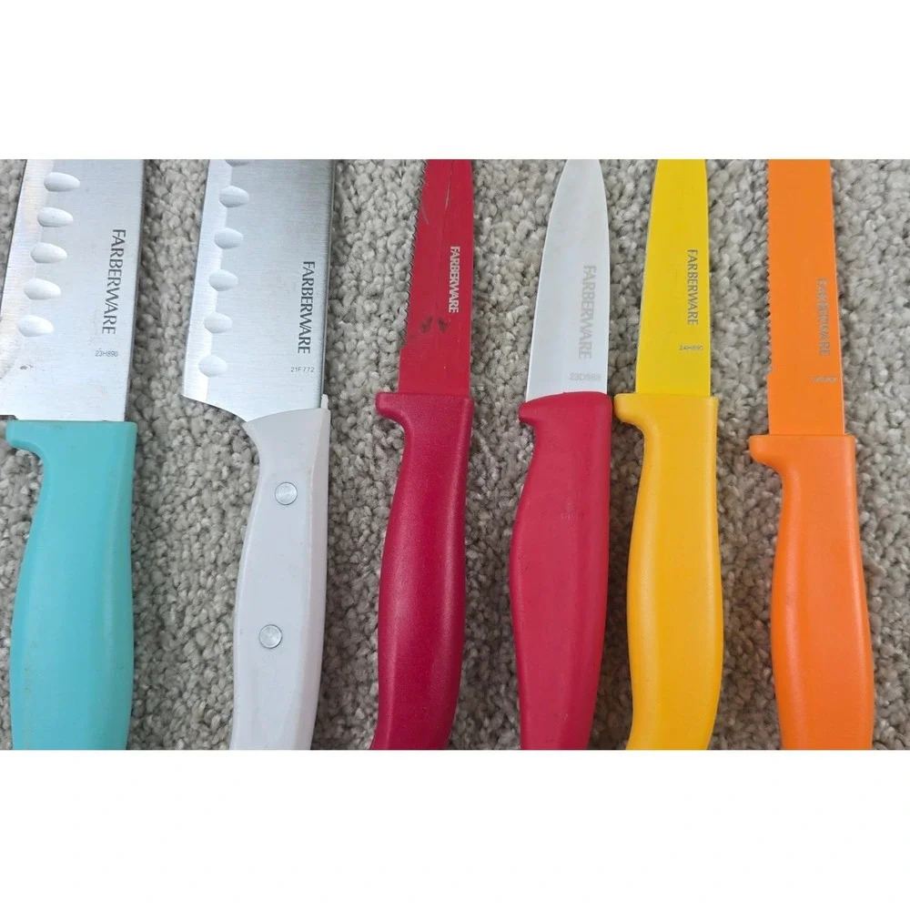 Farberware 6-Pc Colorful Kitchen Knife Lot Santoku Utility w/ 3 Blade Guards